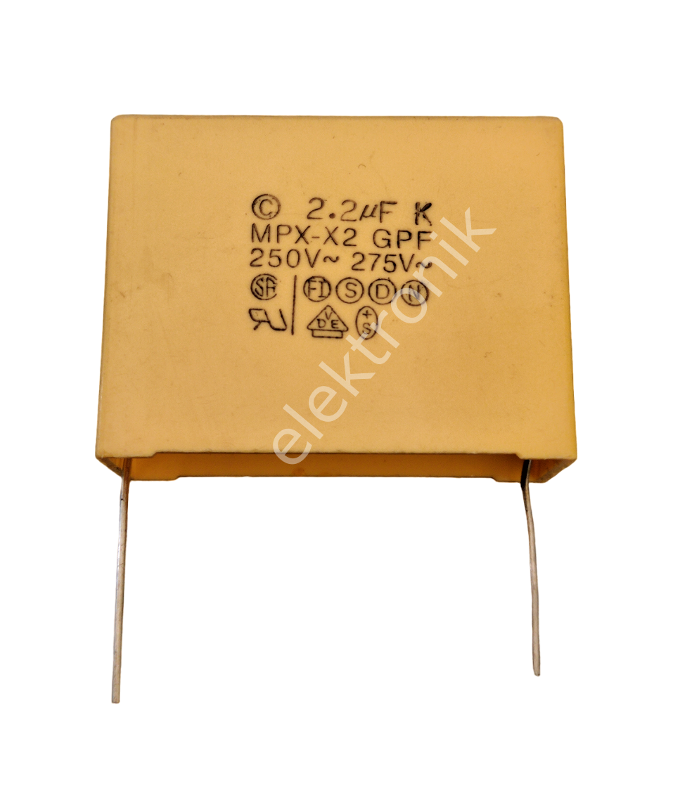 2.2uF 250V (MPX-X2) Kondansatör Kutupsuz (41X31X18) bacak aralığı 36mm (Orjinal)