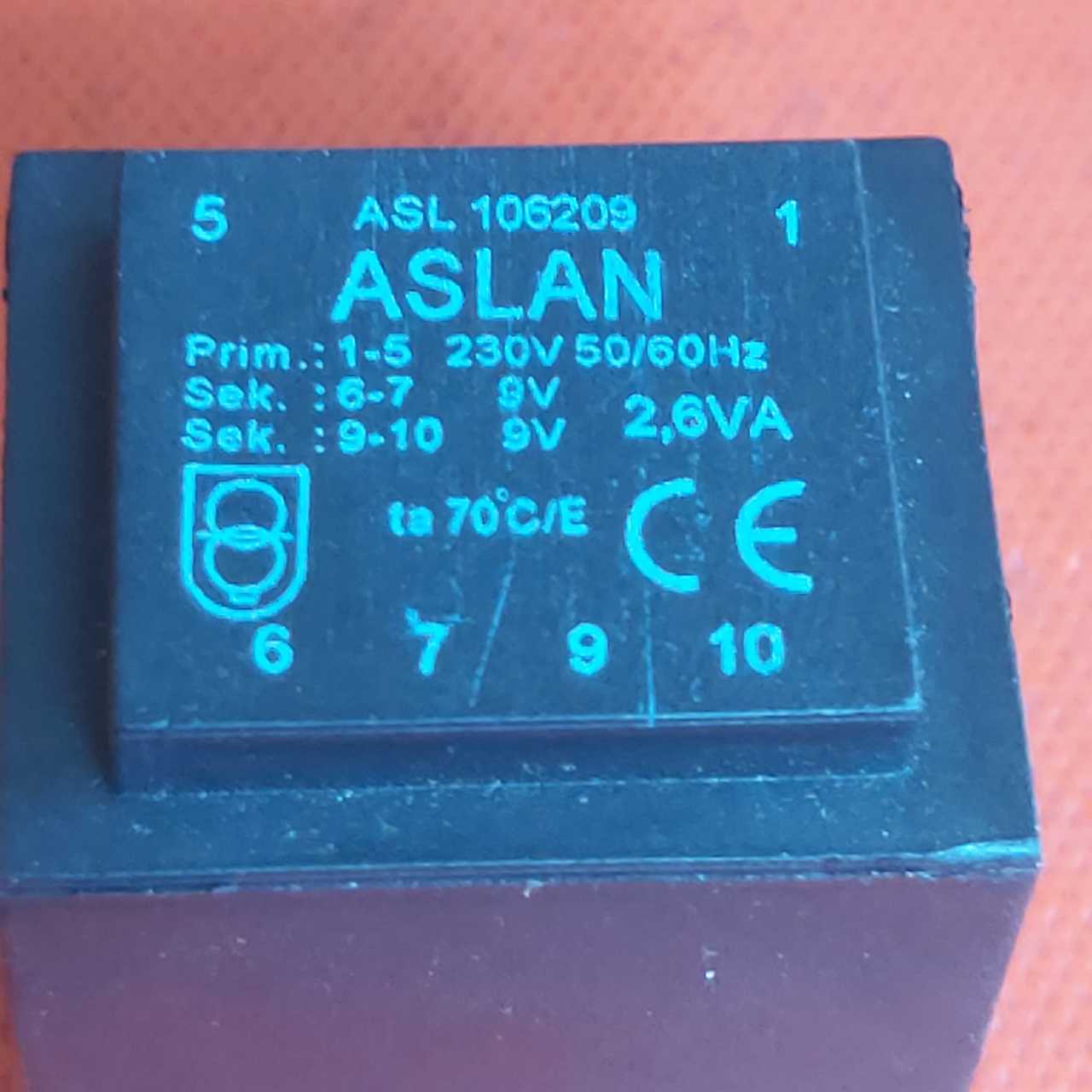 Aslan Trafo 2x9V Trafo (ASL106209) (Prim:1-5 Sek:6-7 Sek:9-10) 2.6VA